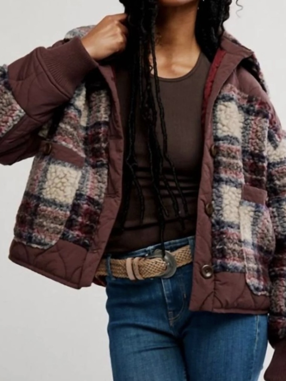 FREE PEOPLE Sana Quilted Plaid Fleece Bomber Jacket In Pomegranate Combo